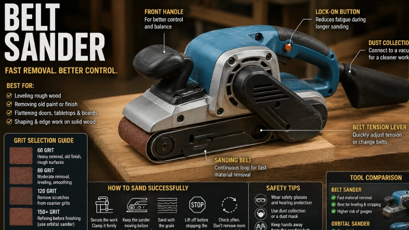 Belt Sander: Complete 2026 Guide to Uses, Grit Selection, Sanding Techniques, Better Control, Safety