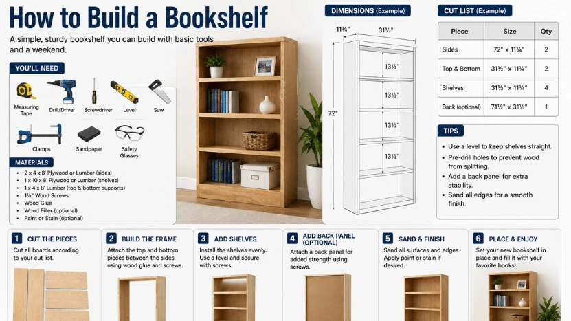 How to Build a Bookshelf: A Complete Guide to an 8-Step DIY Guide, Cut List, Costs, and No-Sag Shelf Tips