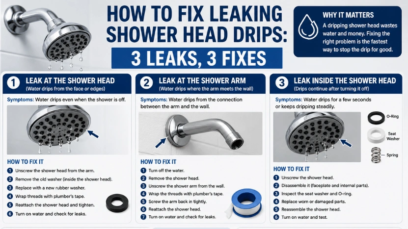 How to Fix a Leaking ShowerHead: 3 Common Leak Types, Simple DIY Repairs, and Tips to Stop Drips for Good